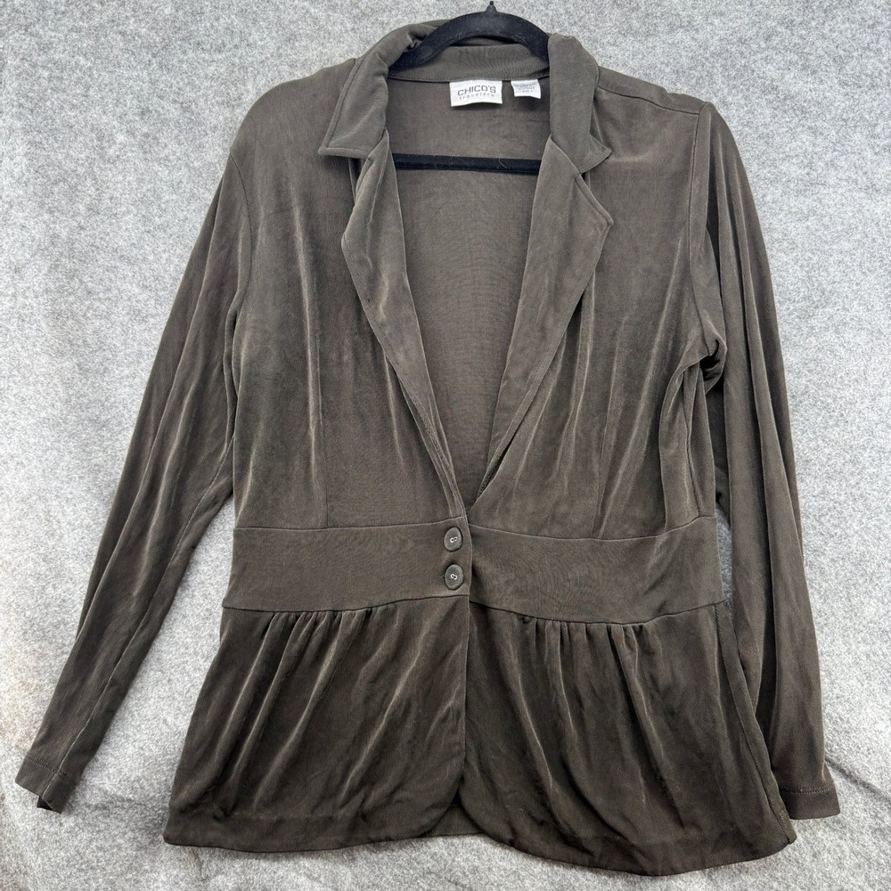 Chico's Travelers Peplum Blazer Women Size 1 Black Notched Lapel Button Front